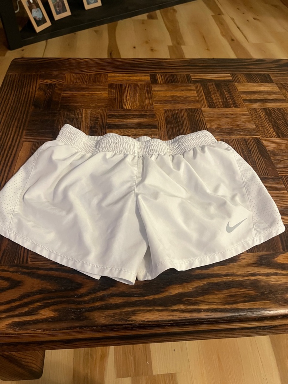Nike Women's White Athletic Running Shorts with Grey Swoosh